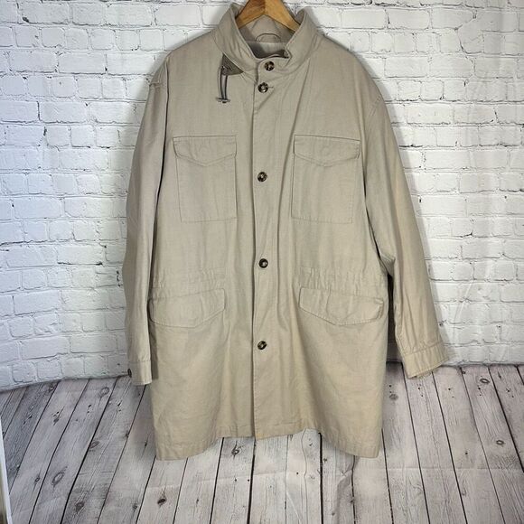 Jos A Bank Mens Tan Canvas Chore Coat Jacket size XL Hidden Hood - Picture 1 of 13